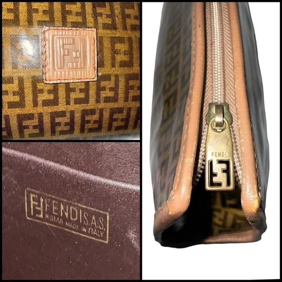 Fendi Zucca FF Coated Canvas Cosmetic Bag Pouch with leather trim and accents - Picture 7 of 14